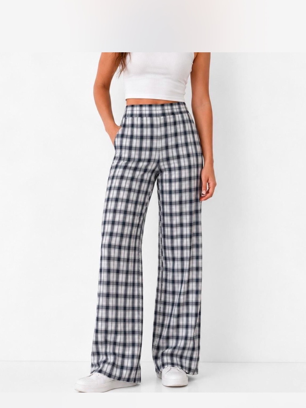 Princess Polly Black & White Plaid Wide Leg Pants